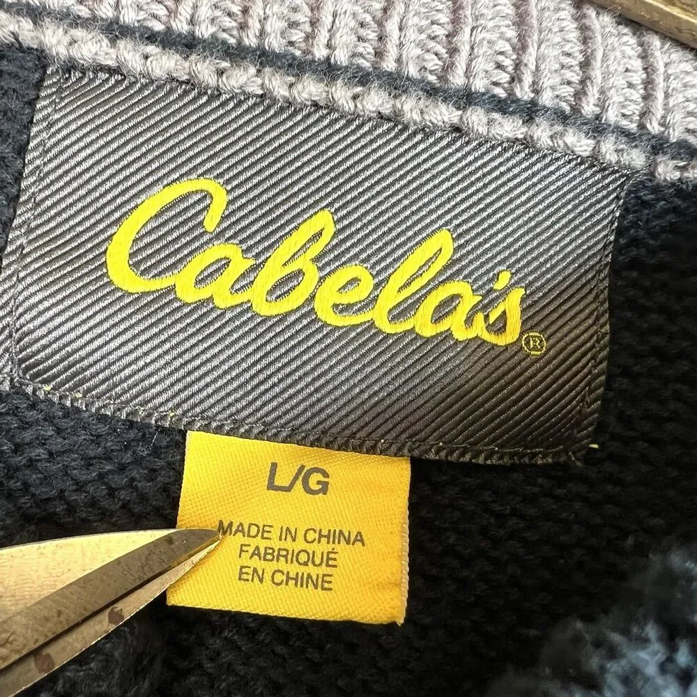 Cabelas Mens Black Chunky Knit Quarter Button Sweater Long Sleeve Size L Cotton